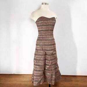Vintage 1960s Rattan Strapless Brown Midi Dress Small Bustle Straw Textured